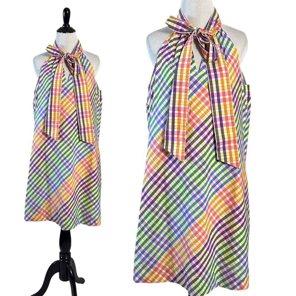 J.Crew Tie Neck Rainbow Gingham Dress Size 8 Plaid Preppy Bow Summer - Picture 10 of 16